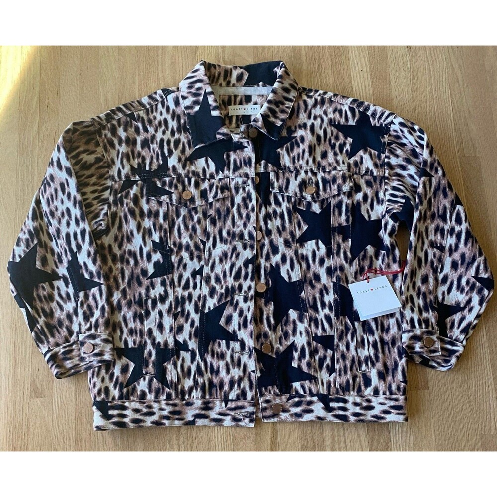 Simply Obsessed Toast Jeans Leopard Star Print Oversized Denim Jacket Small NWT